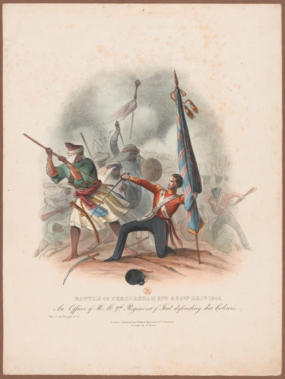Battaglia di Ferozeshah, 21-22 dicembre 1845. Un ufficiale del 9° Reggimento difende i suoi colori da W. Kohler
