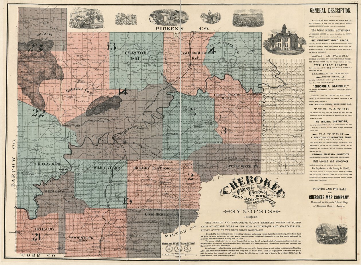 Inglese:  Mostra i numeri dei lotti e degli isolati e i nomi dei residenti. Convalidata come unica mappa ufficiale della contea di Cherokee. Due fogli uniti a formare 1, montati su tela. LC Mappe della proprietà terriera, 87 Include testo e immagini. Dispo da W. P. Bullock