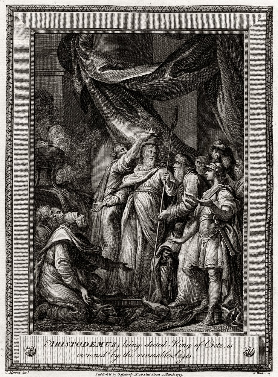 Aristodemo, eletto Re di Creta, è incoronato dai venerabili Saggi, 1777 da W. Walker