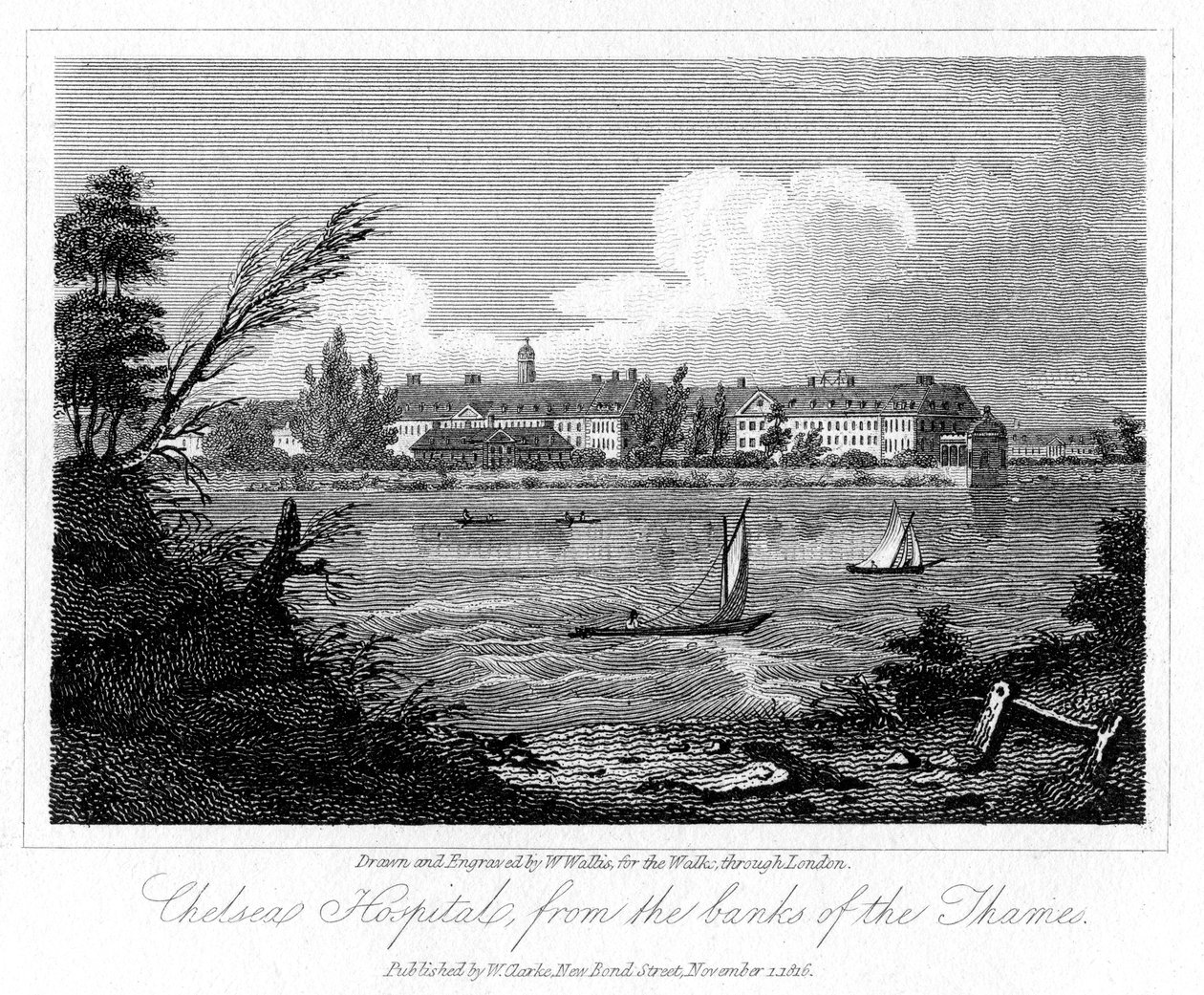 Ospedale di Chelsea, dalle rive del Tamigi, Londra, 1816 da W. Wallis