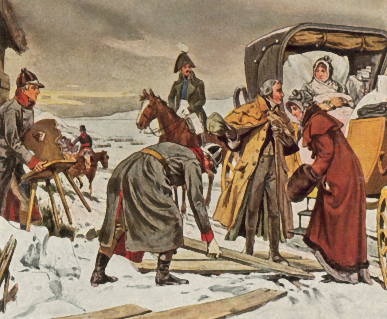 La regina Luisa in fuga a Memel, 5 gennaio 1807 (litografia a colori ingrandita) da Waldemar Friedrich