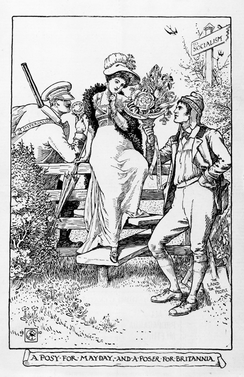 Un mazzo di fiori per il Primo Maggio e un enigma per Britannia, 1910 da Walter Crane