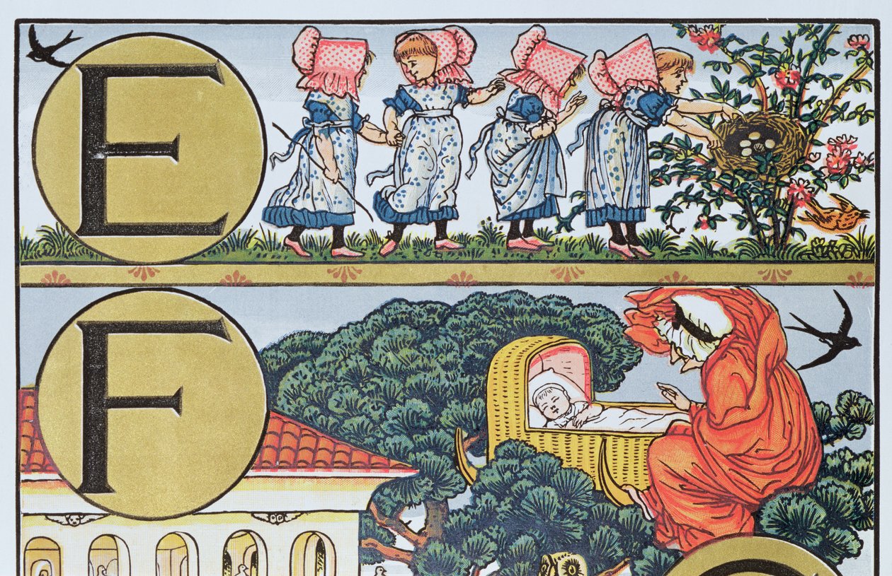 E-F, da un alfabeto basato su filastrocche (incisione a colori) da Walter Crane