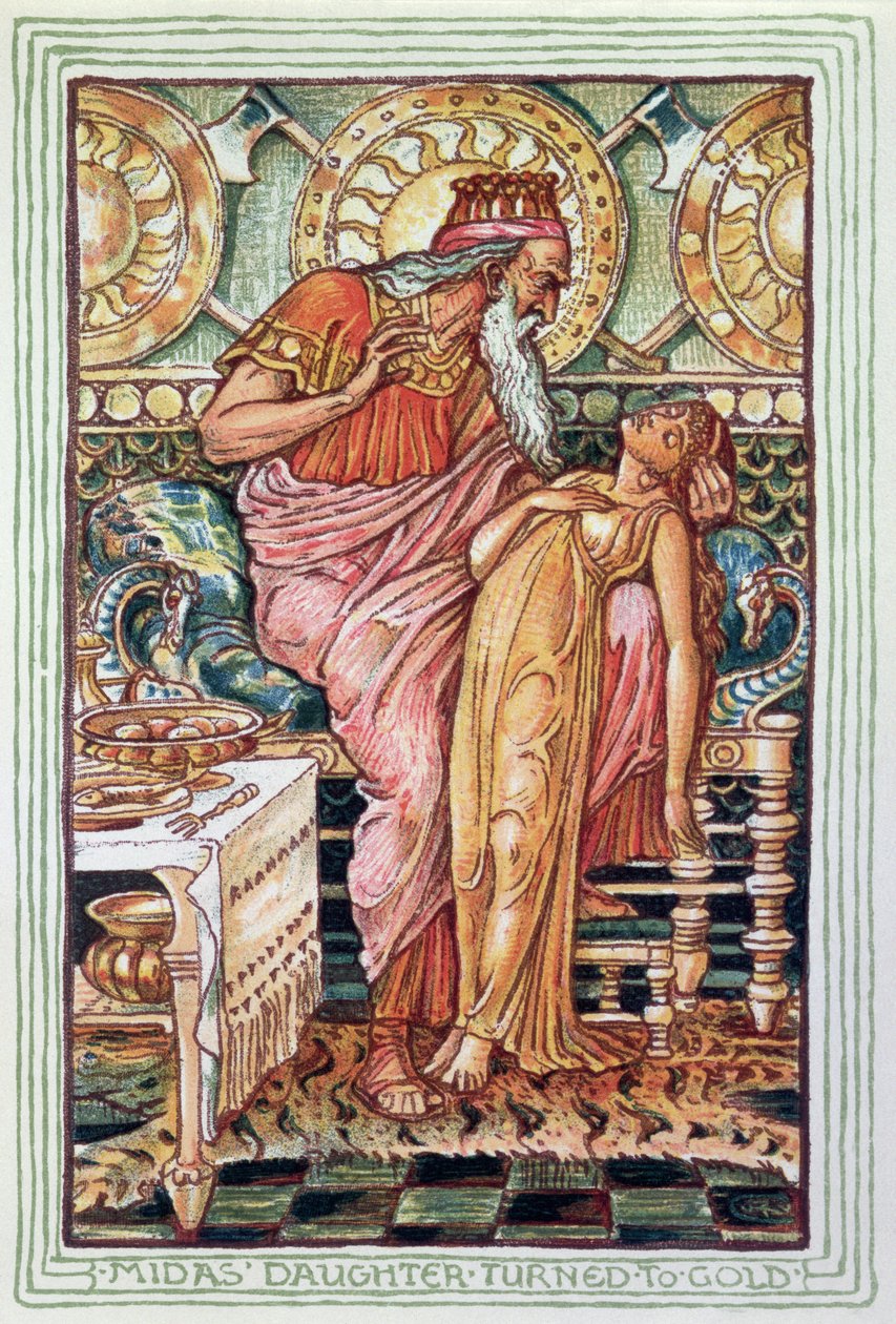 Re Mida e sua figlia trasformati in oro, illustrazione dalla leggenda mitologica greca, pubblicata a Londra nel 1910 da Walter Crane
