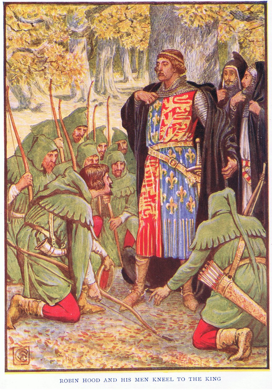Robin e i suoi uomini si inginocchiano davanti al re, c.1920 da Walter Crane