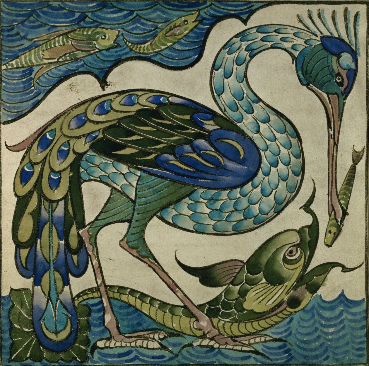 Disegno di piastrelle di airone e pesce, di Walter Crane da Walter Crane
