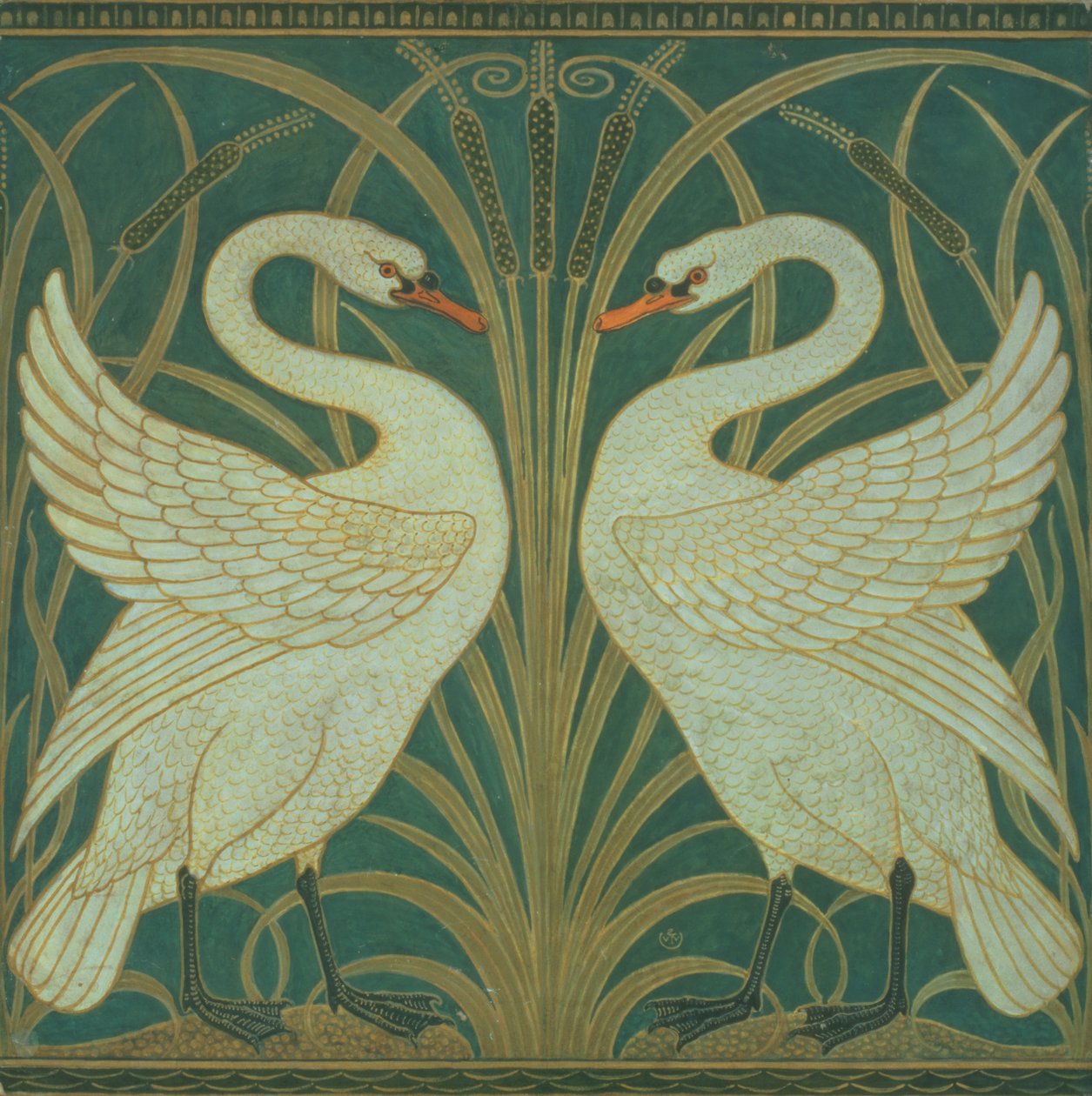 Disegno per carta da parati per pannello di Cigno, Giunco e Iris da Walter Crane