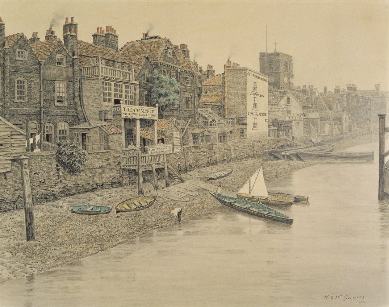 Vista del Tamigi che mostra la taverna Adam and Eve a Chelsea, 1868 da Walter Greaves