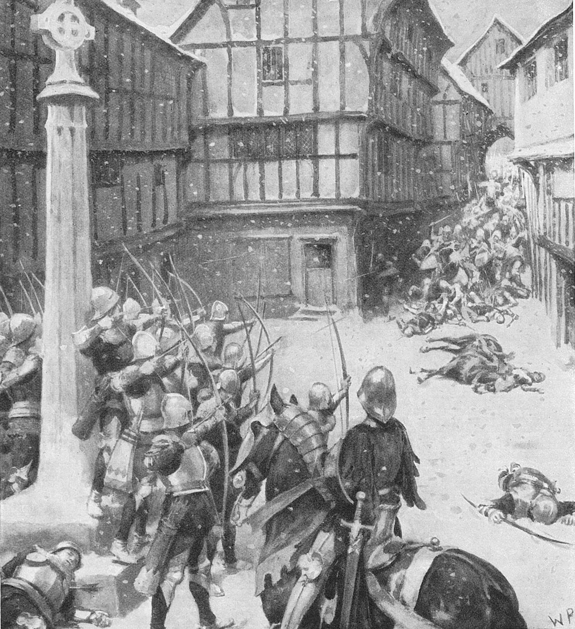Un corpo di arcieri formato e che scocca frecce nel folto dei loro nemici, illustrazione da 