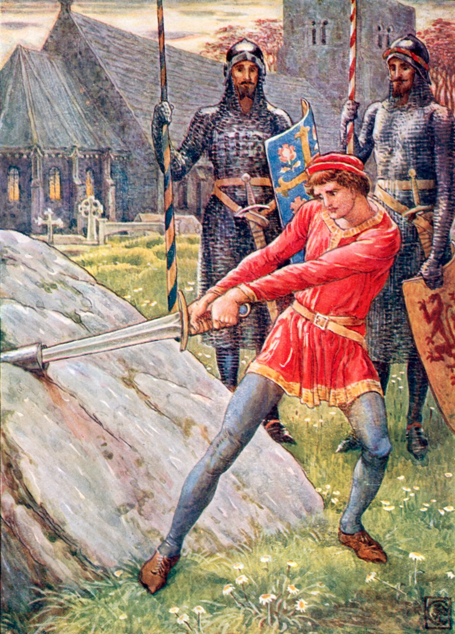 Artù estrae la spada dalla pietra (litografia a colori) da Walter (after) Crane