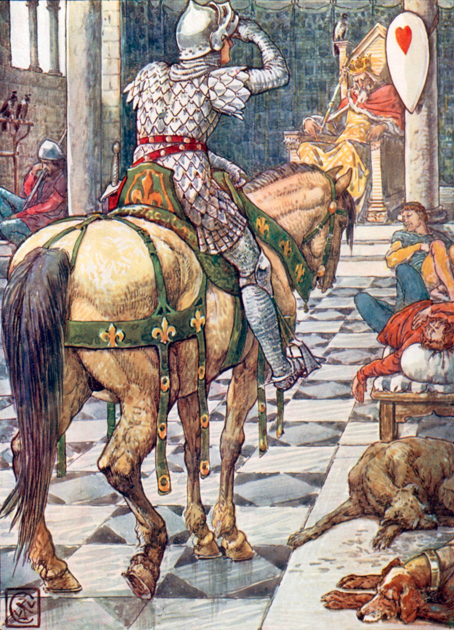 Perceval ottiene lo scudo del cuore pulsante (litografia a colori) da Walter (after) Crane