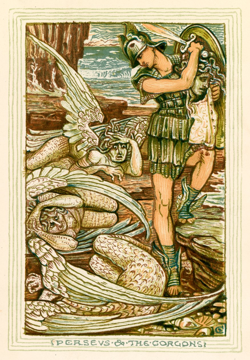 Perseo e le Gorgoni (litografia a colori) da Walter (after) Crane