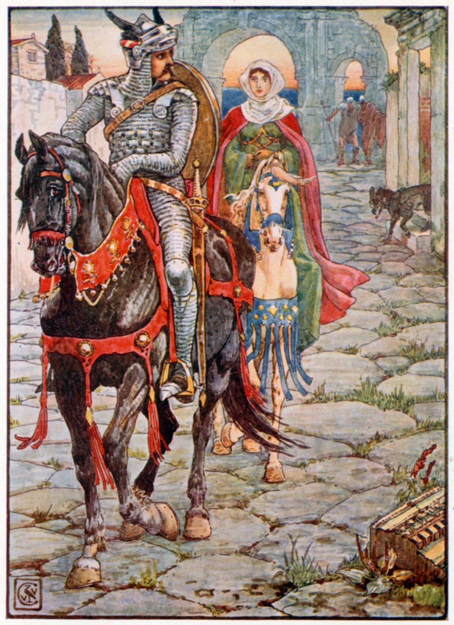 Sir Geraint e Lady Enid nella città romana deserta (litografia a colori) da Walter (after) Crane