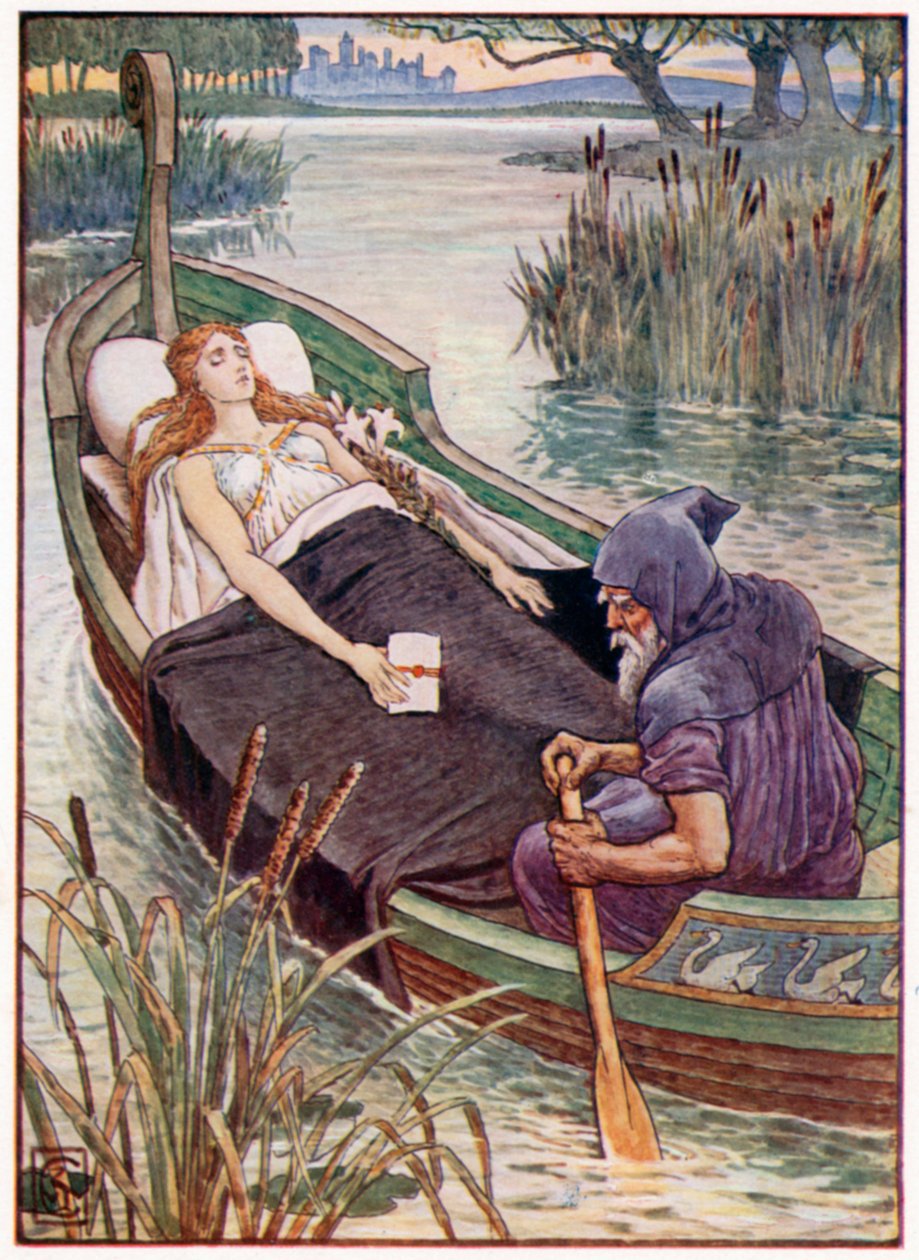 Il viaggio di morte della fanciulla giglio di Astolat (litografia a colori) da Walter (after) Crane