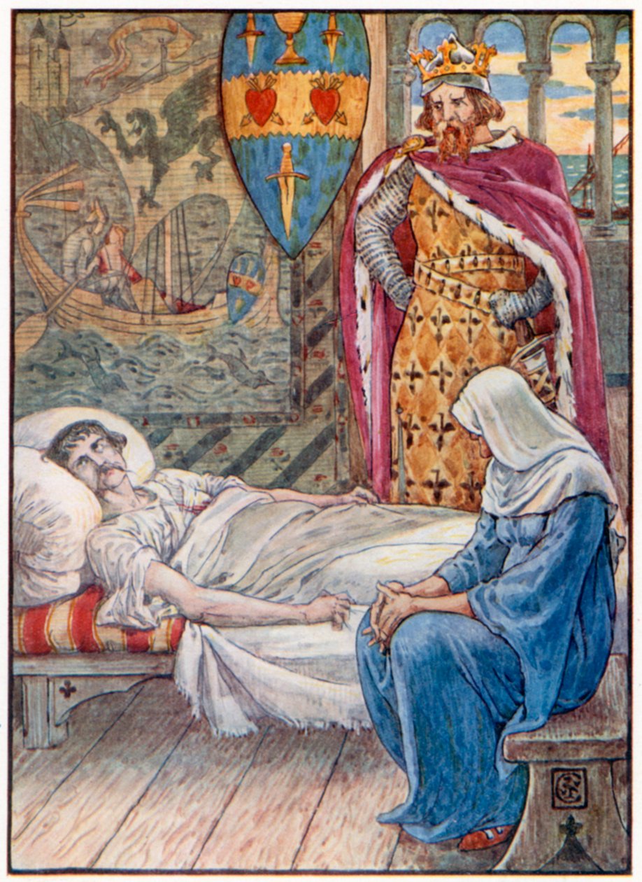 La strega dà consigli sulla ferita di Sir Tristram (litografia a colori) da Walter (after) Crane