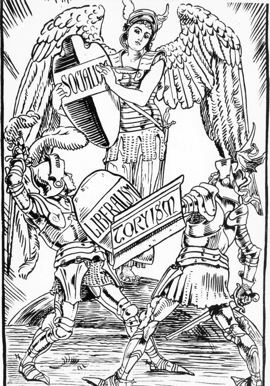 Allegoria di Walter Crane: Il socialismo trionfa duramente nella lotta tra liberalismo e torysmo (Partito Conservatore Inglese). Incisione della fine del XIX secolo da Walter Crane