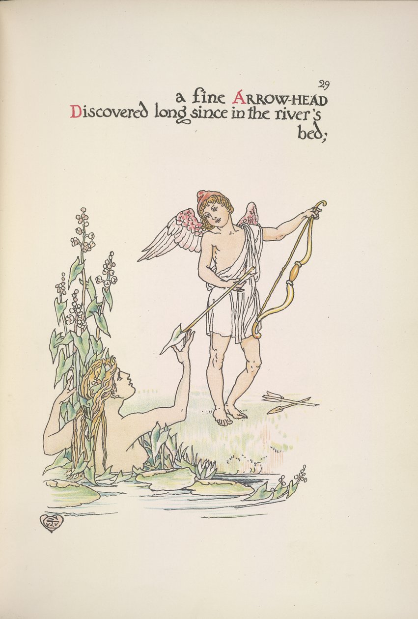 Un angelo che tiene una freccia e una signora in un fiume o lago da Walter Crane