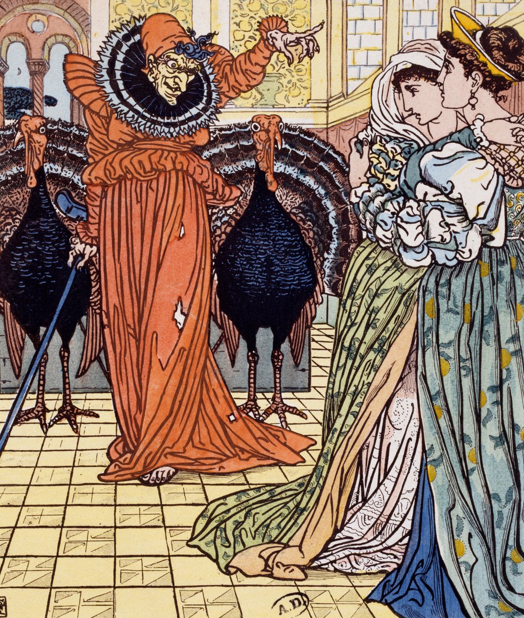 Apparizione di strega accompagnata da due pavoni, Incisione da disegno di Walter Crane da Walter Crane