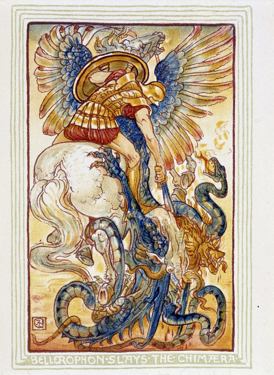 Bellerofonte combatte le chimere - in "A wonder book for girls and boys", ill. di Walter Crane da Walter Crane