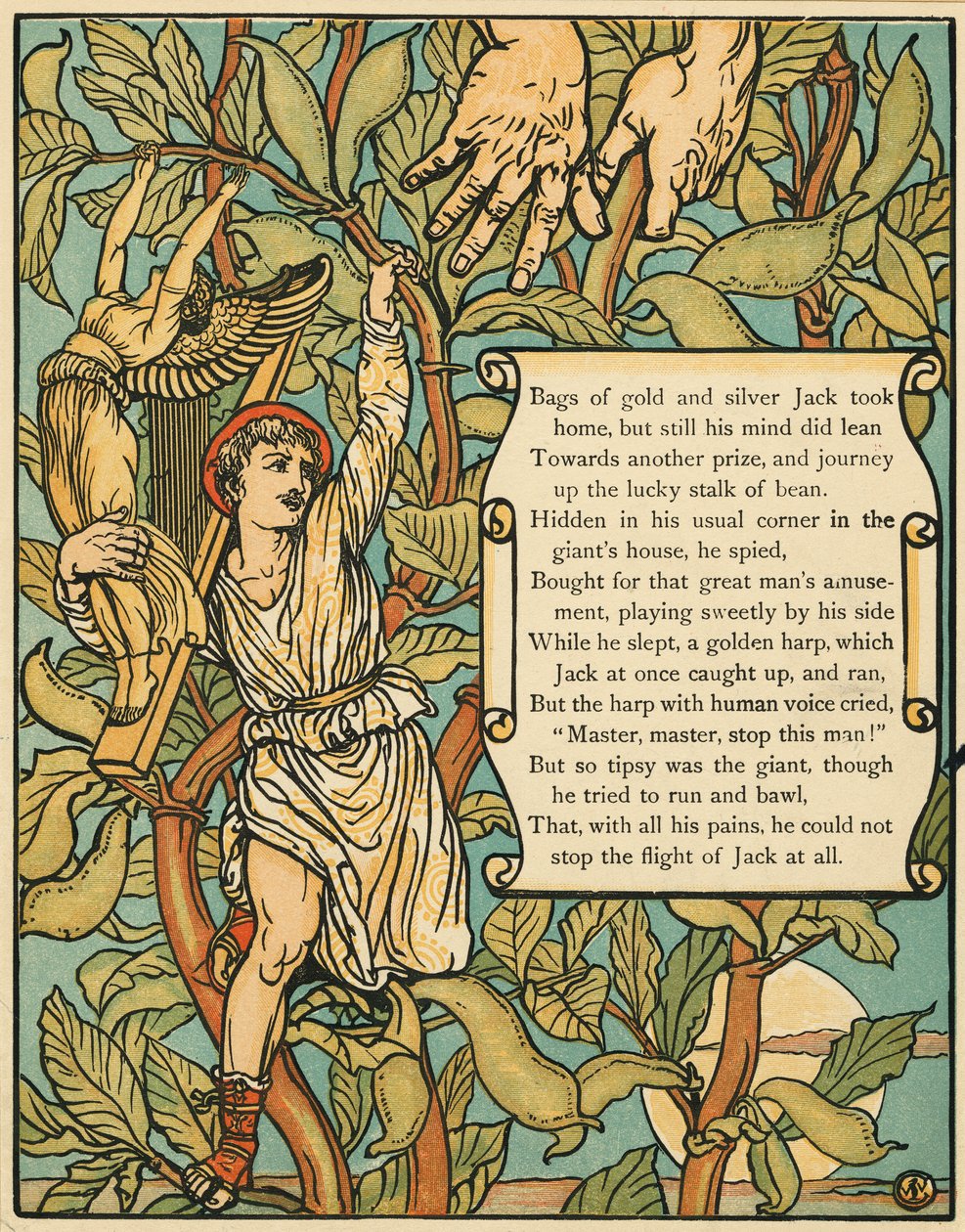 Jack scende dal fagiolo magico da Jack and the Beanstalk pub. 1875 da Walter Crane