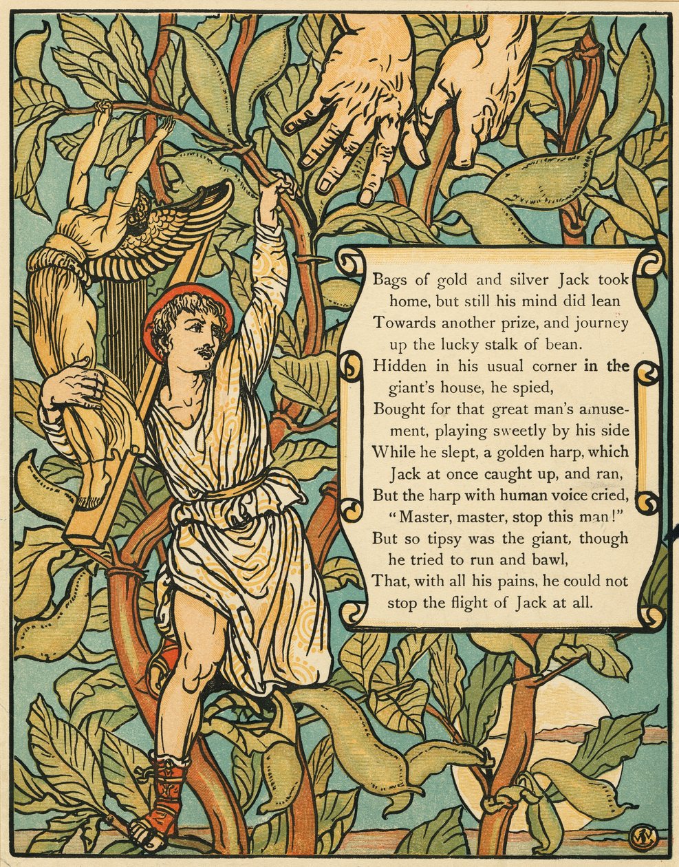 Jack scende dal fagiolo magico da Jack e il fagiolo magico pub. 1875 da Walter Crane