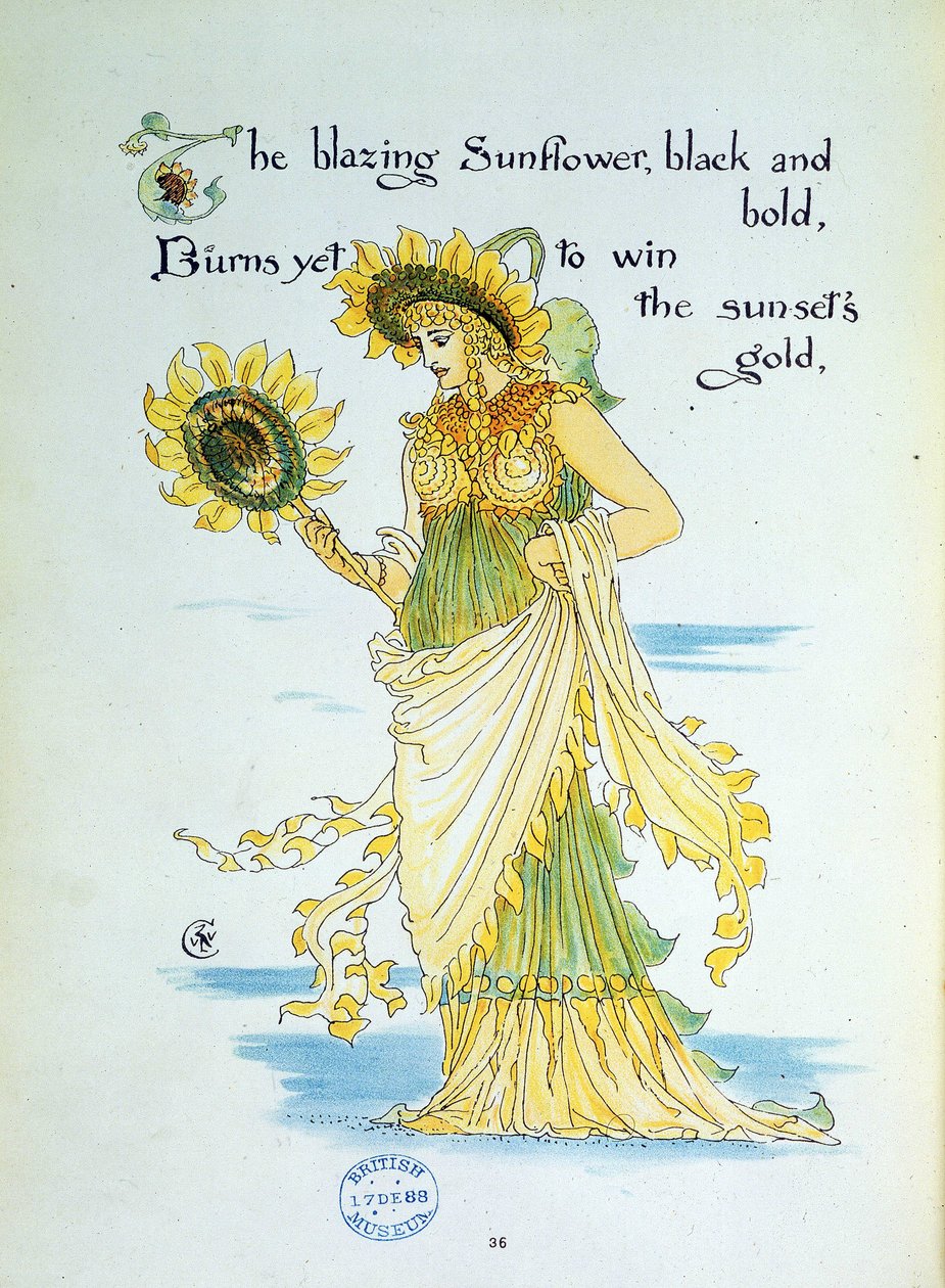 Il fiore di girasole personificato in una giovane donna vestita di giallo e verde. Tavola 36 tratta da "Flora