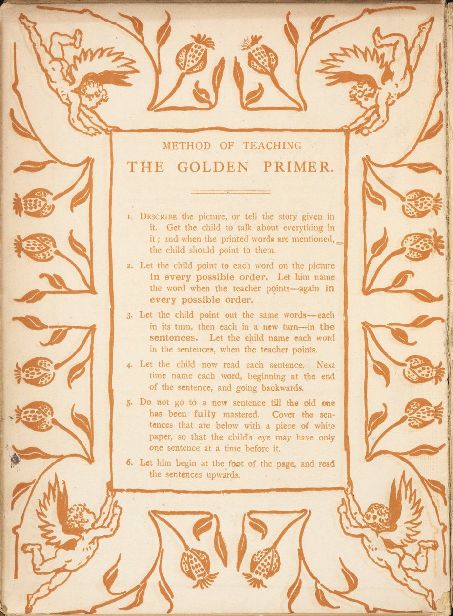 Metodo di insegnamento del Golden Primer. Bordo floreale, con cherubini da Walter Crane