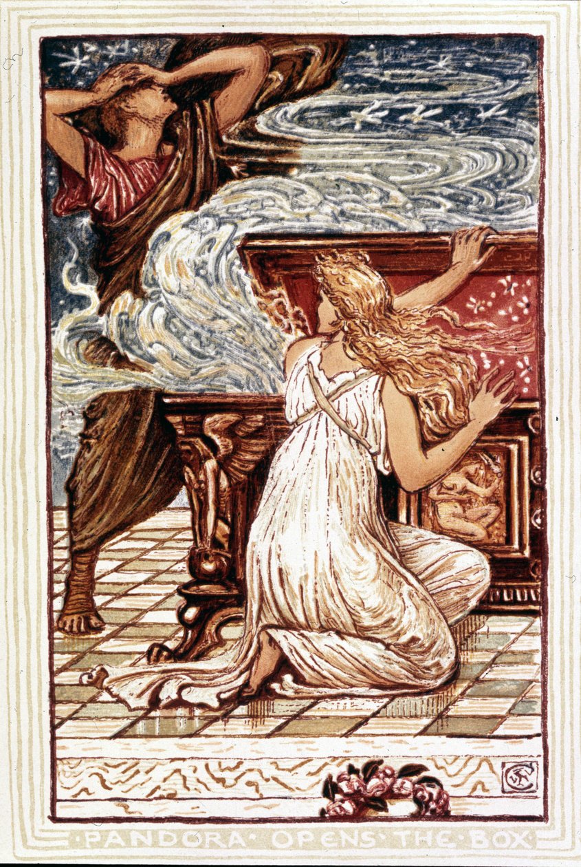 Pandora apre la scatola. Illustrazione di Walter Crane per 