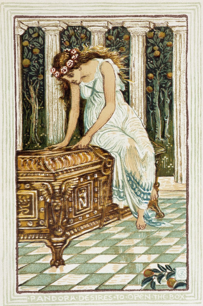 Pandora vuole aprire la cassaforte - in "A wonder book for girls and boys" da Walter Crane