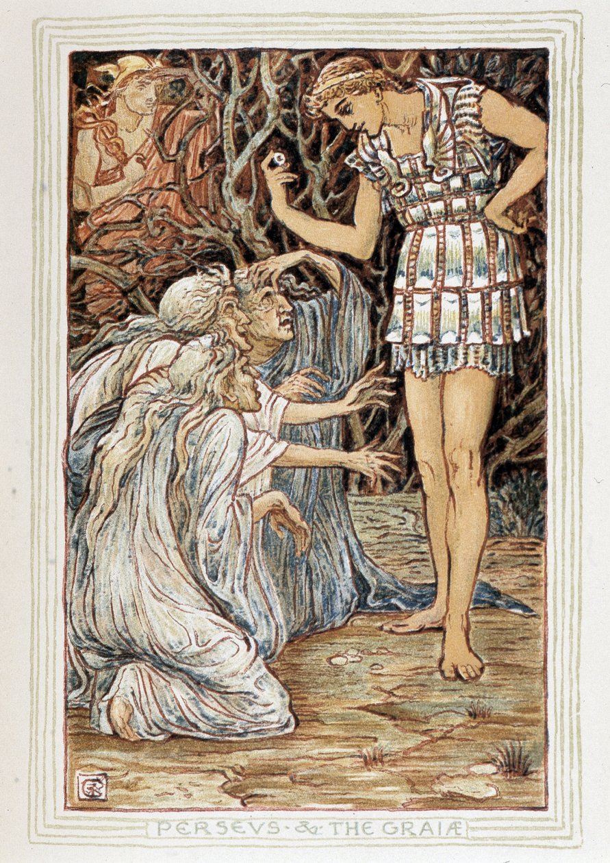 Perseo e le Graie (Beozia, Grecia) - Incontra tre vecchie (streghe?) - in "A wonder book for girls and boys" di Walter Crane (1845-1915) da Walter Crane
