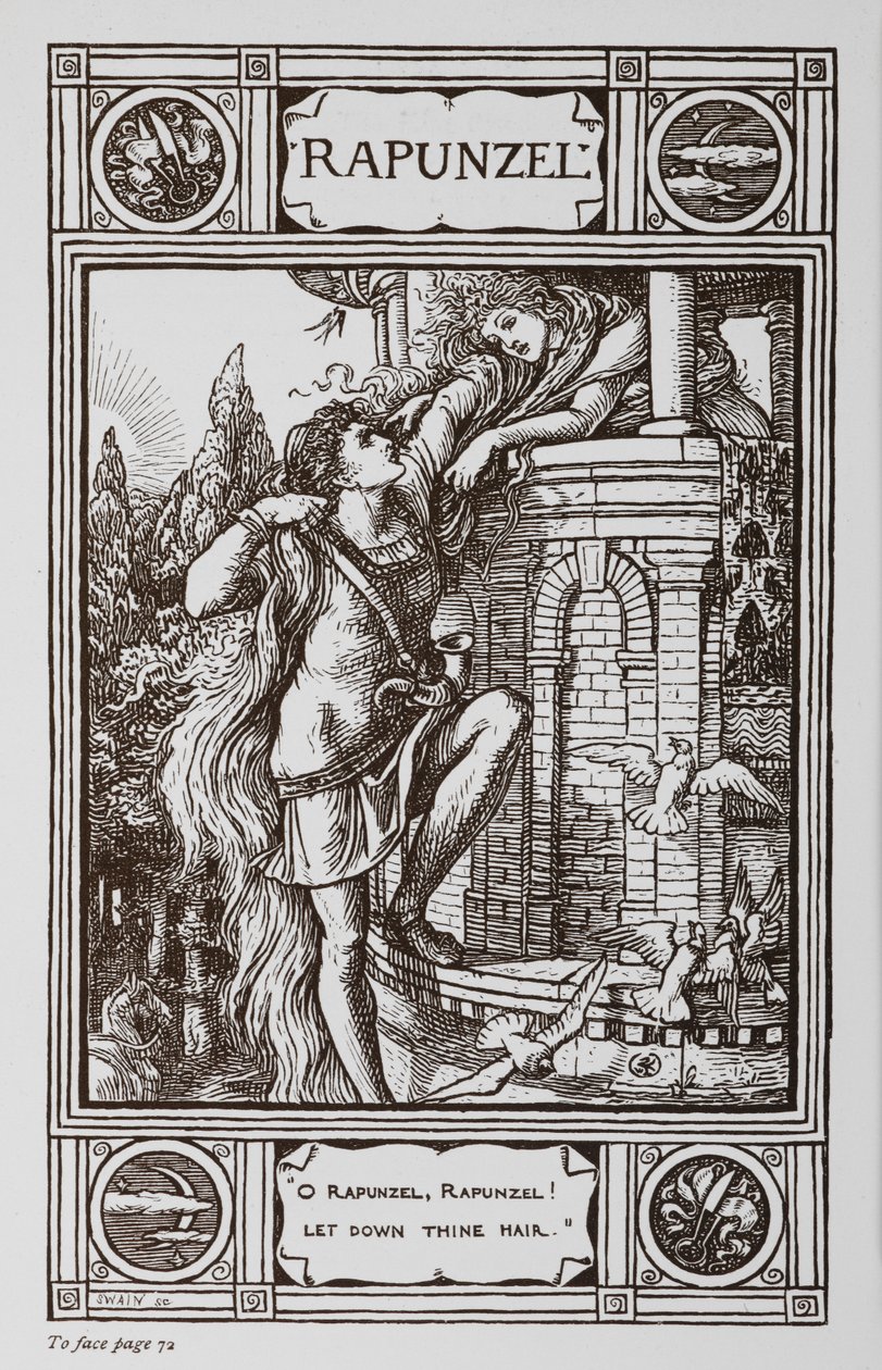 Raperonzolo si sporge dalla finestra di una torre mentre un principe si arrampica sui suoi capelli da Walter Crane