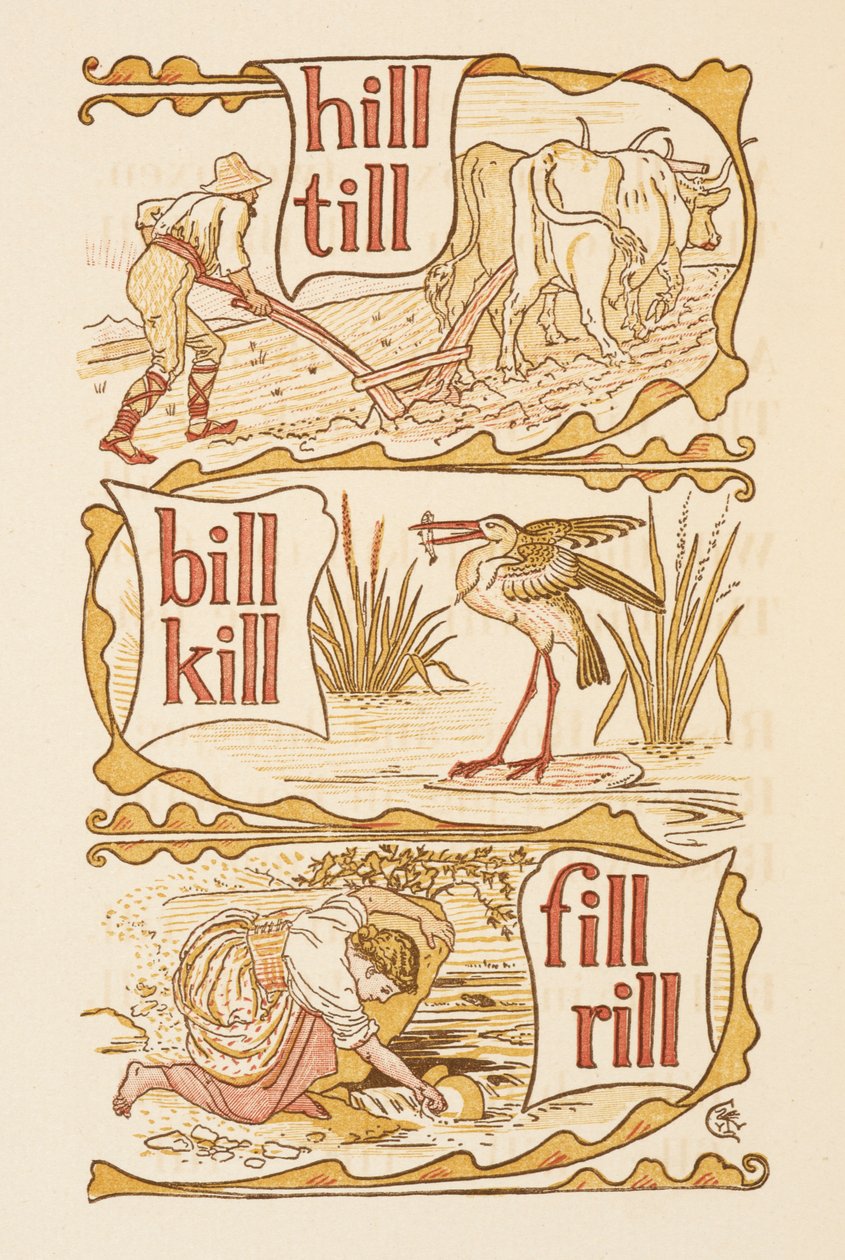 Parole in rima che finiscono con la lettera L. Aratura. Una cicogna. The Golden Primer da Walter Crane