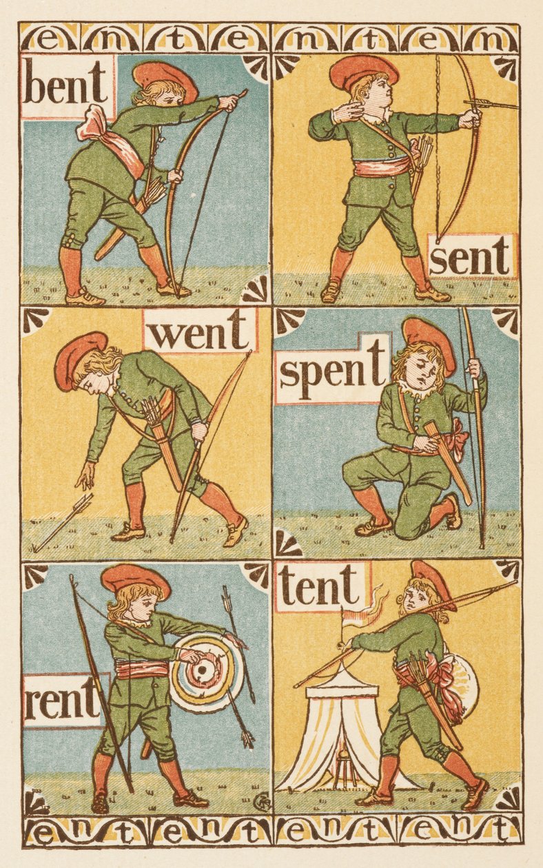 Parole in rima che finiscono con la lettera T. Un ragazzo con arco e freccia. The Golden Primer da Walter Crane