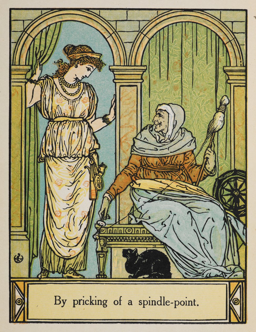 La Bella Addormentata accanto a una vecchia con un fuso e filo. Un gatto nero siede sotto da Walter Crane
