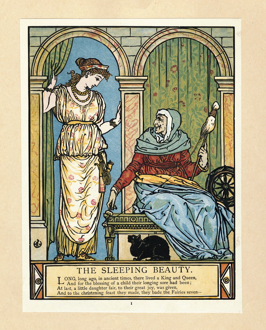 La principessa impara a filare, da Il libro delle fiabe di Barbablù, pub. 1879 da Walter Crane
