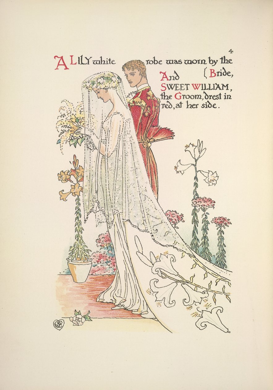 Gli sposi. Una veste bianca come un giglio indossata dalla sposa, e dolce William, lo sposo, vestito di rosso da Walter Crane