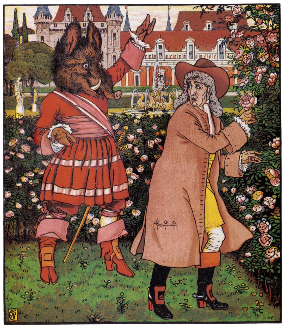 Il padre della bella raccoglie rose nel giardino della barbabietola. Illustrazione di Walter Crane (1845-1915) in "Beauty and the Bete", Inghilterra da Walter Crane
