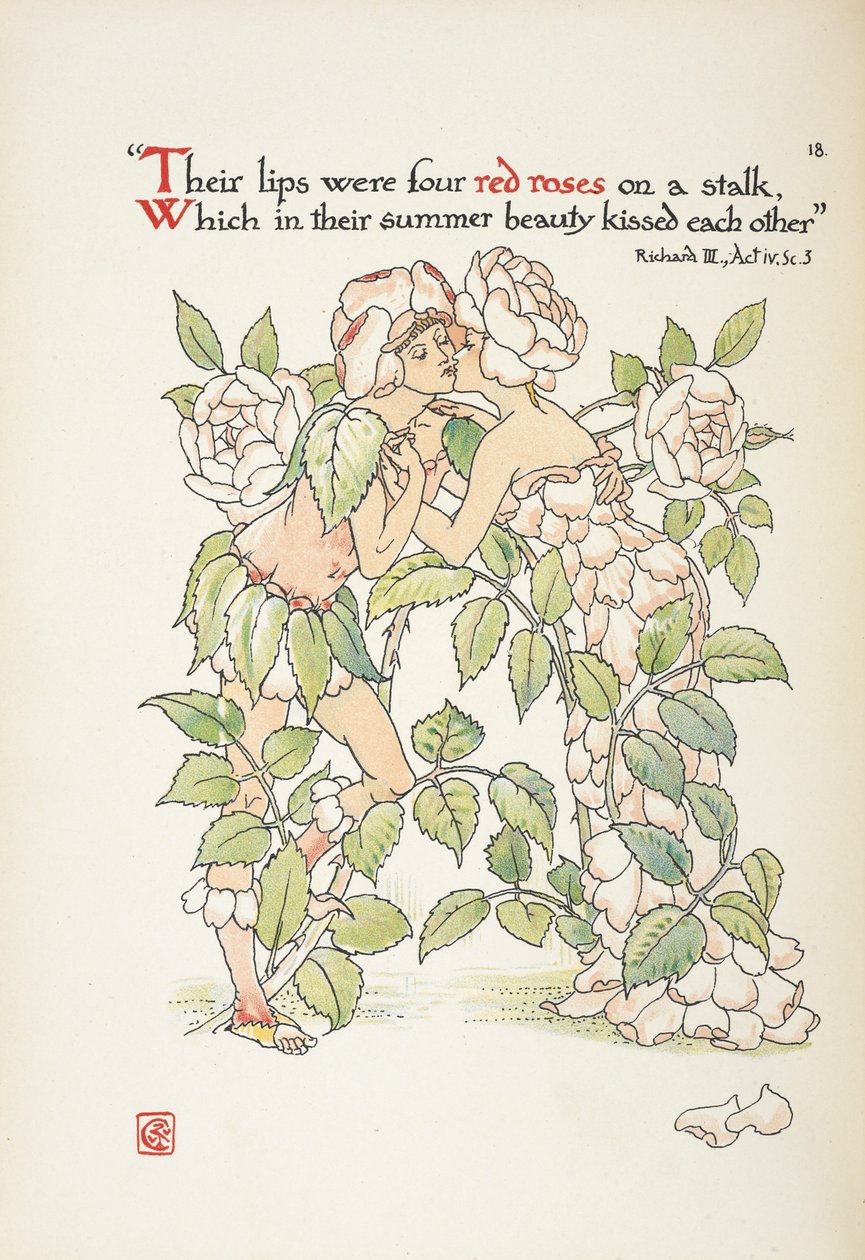 Due figure che si baciano vestite da rose da Walter Crane