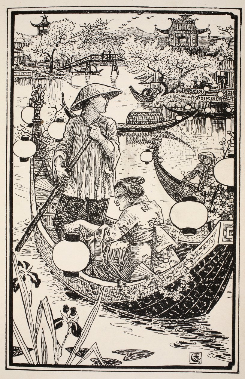 Quando venne la sera salirono di nuovo sulla loro barca, adornandola di fiori dalla prua alla poppa, illustrazione da 