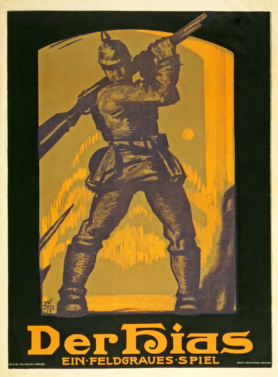 Poster pubblicitario per una commedia Der Hias, ein feldgraues Spiel di Heinrich Gilardone, pubblicato nel 1917 da Walter Ditz