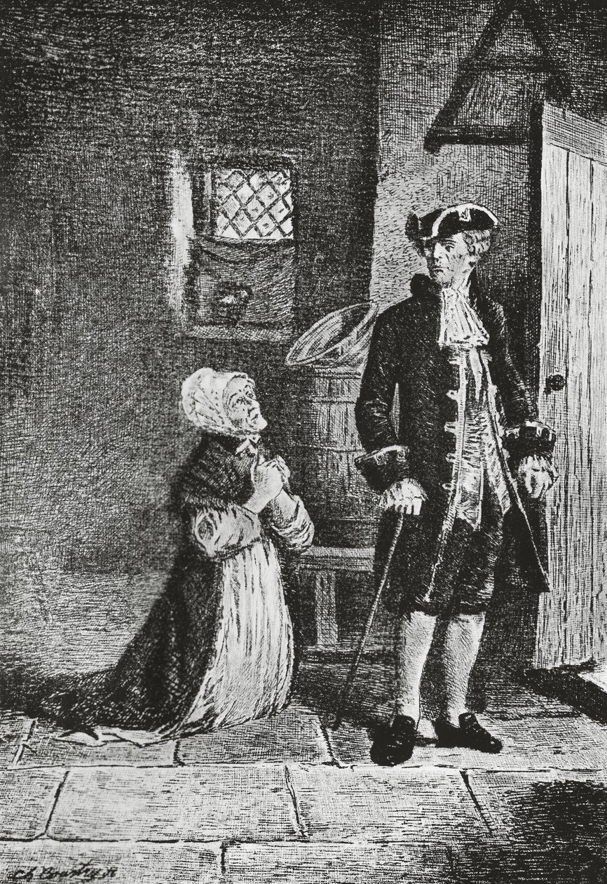 Elspeth e Lord Glenallan, illustrazione per Antiquario, romanzo storico di Walter Scott, incisione da Walter Scott