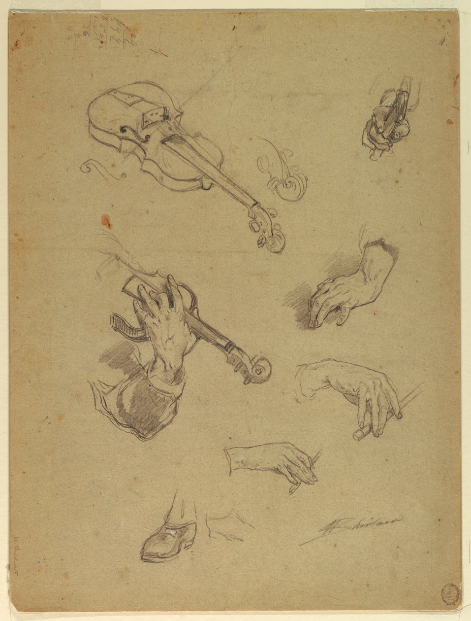 Disegno, foglio di studi di mani di un suonatore di violino, 1878 da Walter Shirlaw