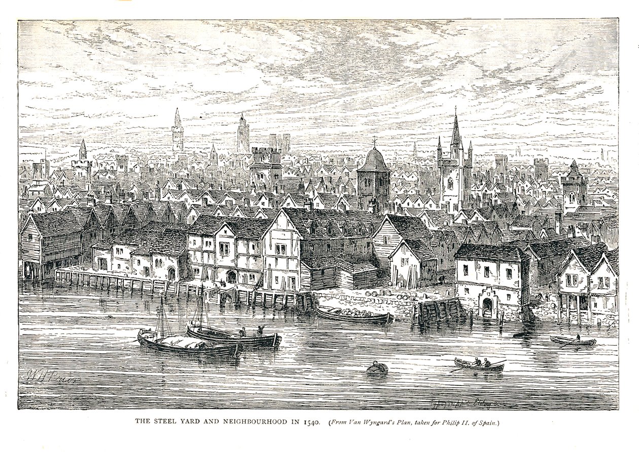 Il molo di ferro Steel Yard e il quartiere nel 1540. Sulla riva del fiume, 1878 da Walter Thornbury