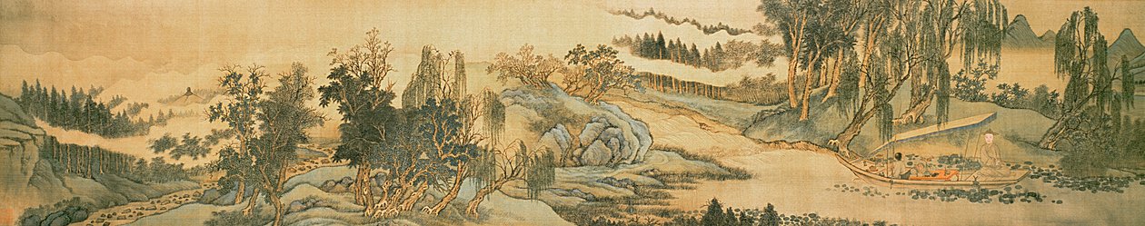 Rotolo di mano raffigurante un paesaggio con il poema colophon, Pesca nel Ruscello di Salici, Cinese, 1706 da Wang Hui