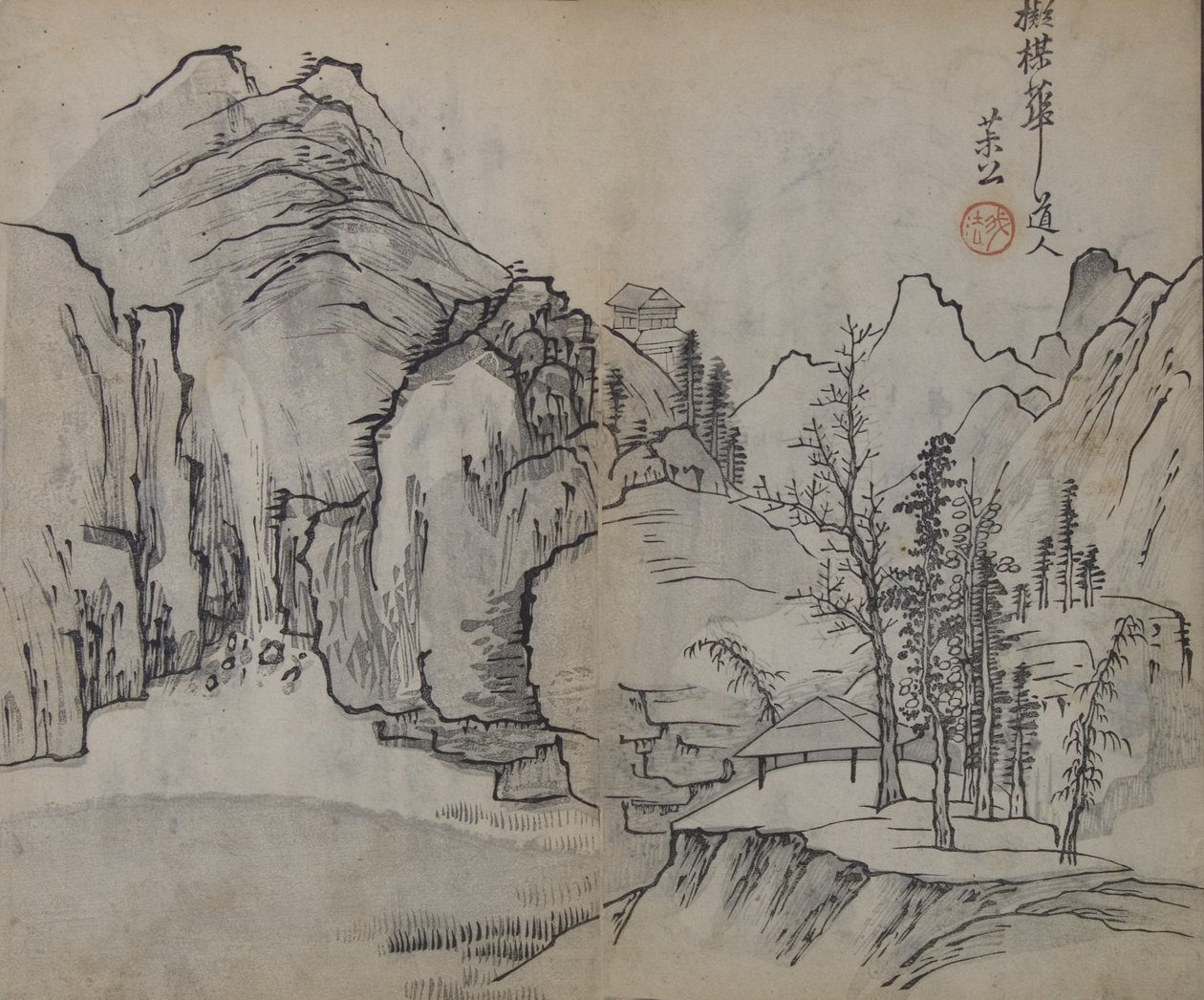 Paesaggio dopo Wu Zhen 1280-1354, dal Manuale del Giardino del Seme di Senape..., Prima edizione, 1679 da Wang Gai