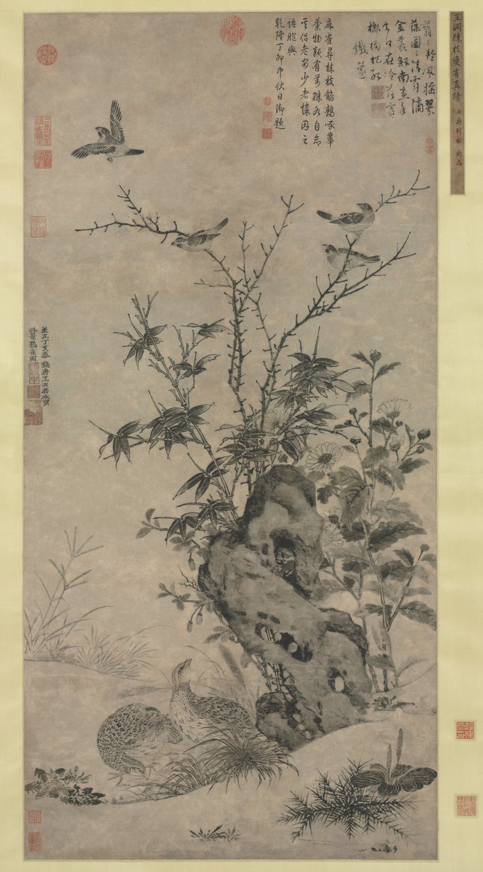 Quaglie e passeri in una scena autunnale, 1347 da Wang Yuan