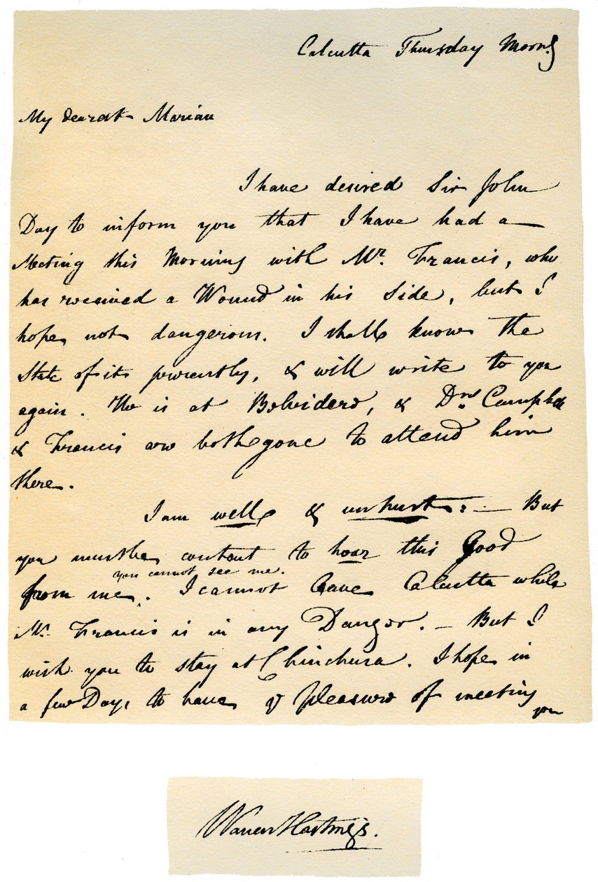 Lettera di Warren Hastings, Governatore Generale del Bengala alla moglie, 17 agosto 1780 da Warren Hastings