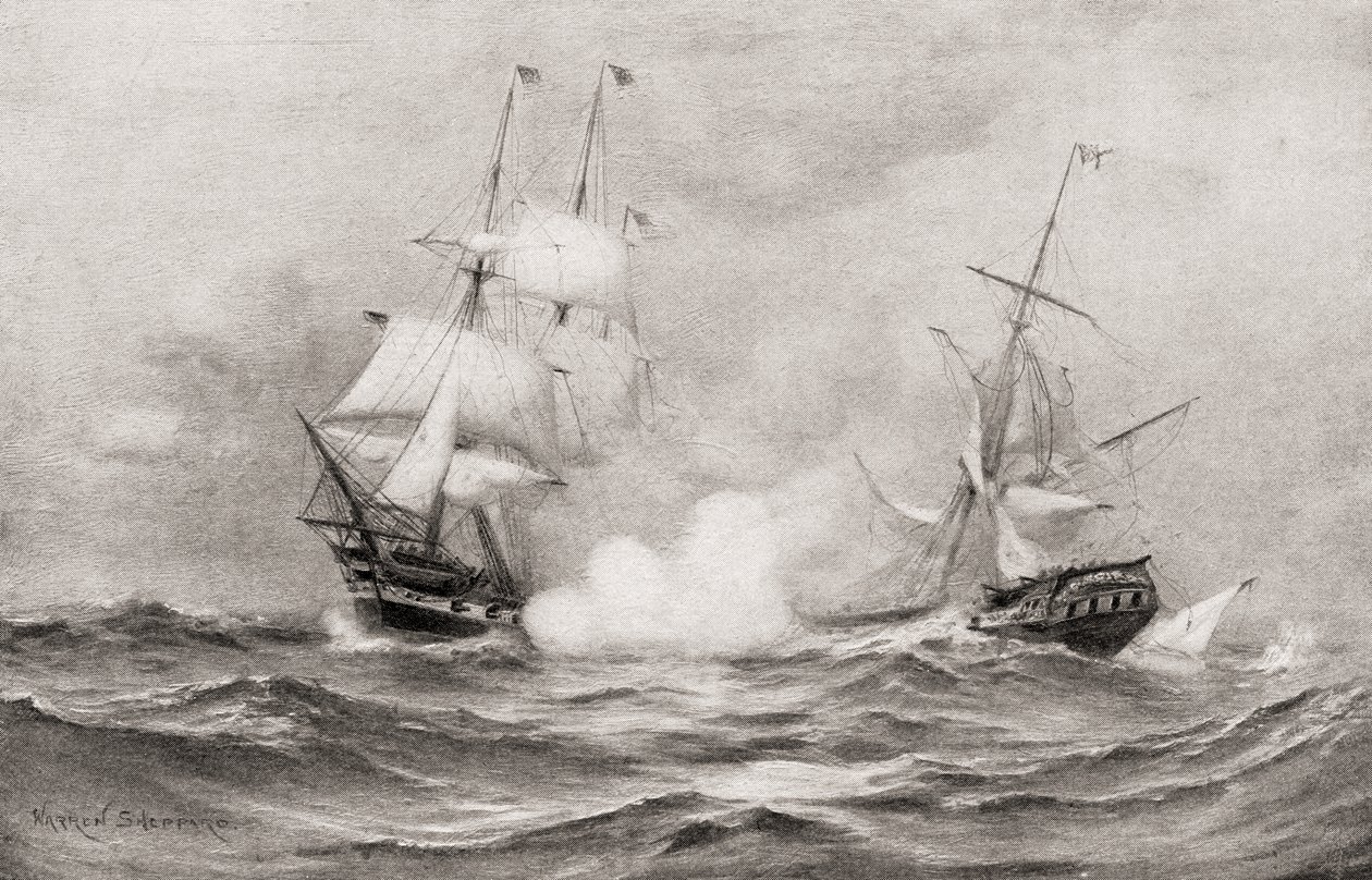 Il combattimento tra USS Constitution e HMS Guerriere, durante la Guerra del 1812, circa 400 miglia a sud-est di Halifax, Nuova Scozia, da The History of Our Country, pubblicato 1905 da Warren Sheppard