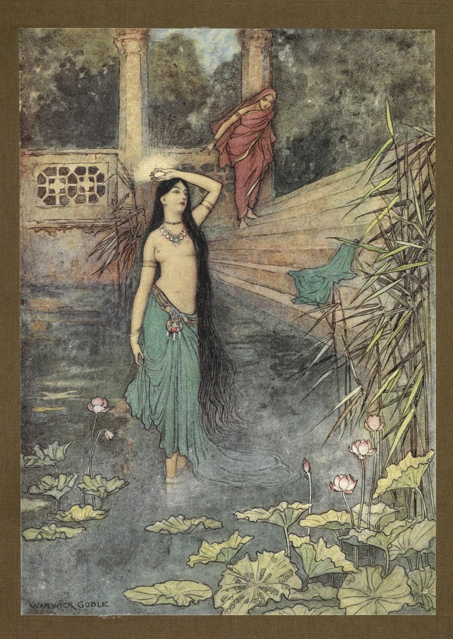 Frontespizio: "Si precipitò fuori dal palazzo... e arrivò al mondo superiore." da Folk-Tales of Bengal ... Con 32 illustrazioni a colori di Warwick Goble (Edizione de luxe.) da Warwick Goble