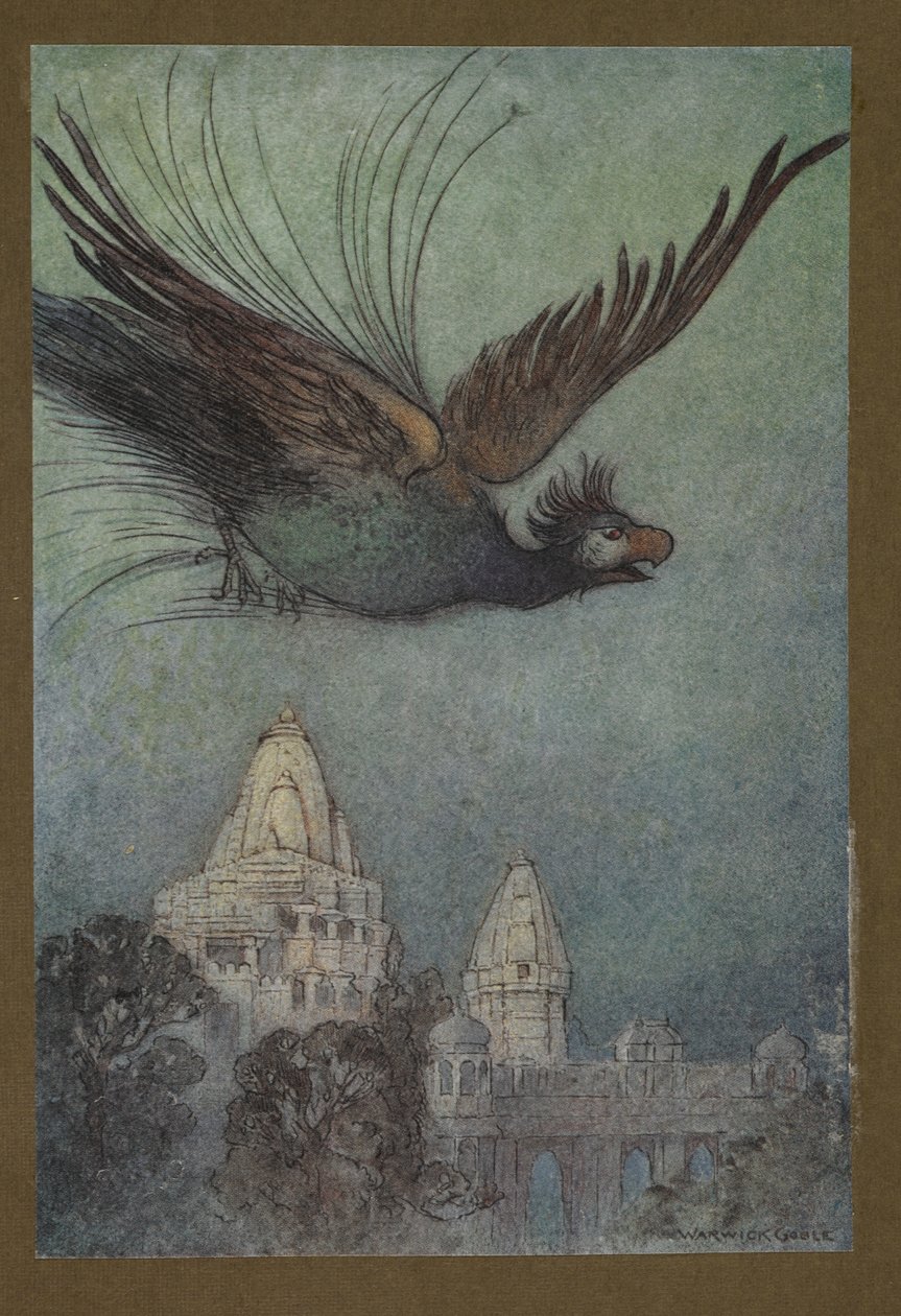 Un uccello mostruoso esce apparentemente dal palazzo, da Folk-Tales of Bengal ... Con 32 illustrazioni a colori di Warwick Goble (Edizione de luxe.) 1914 da Warwick Goble